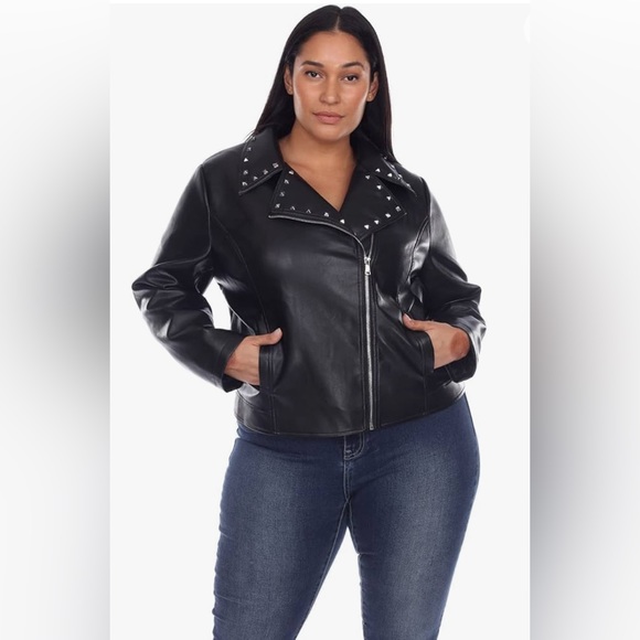 White Mark Black Faux Leather Studded Biker Waist Jacket Silver Accents … - Picture 2 of 16